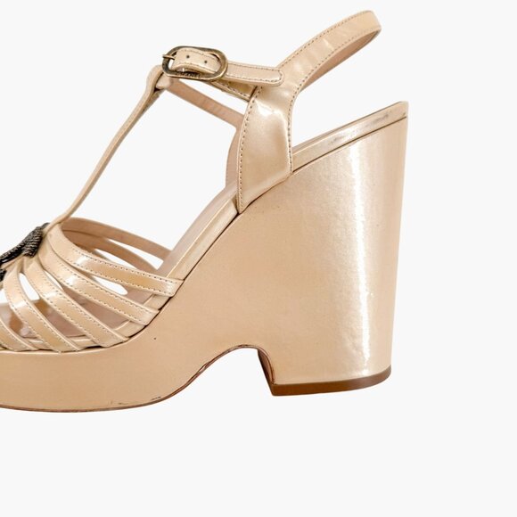 Chanel CC Platform Wedge Sandals Size 41 US 10-10.5 Beige Patent Strappy Logo - Picture 9 of 16